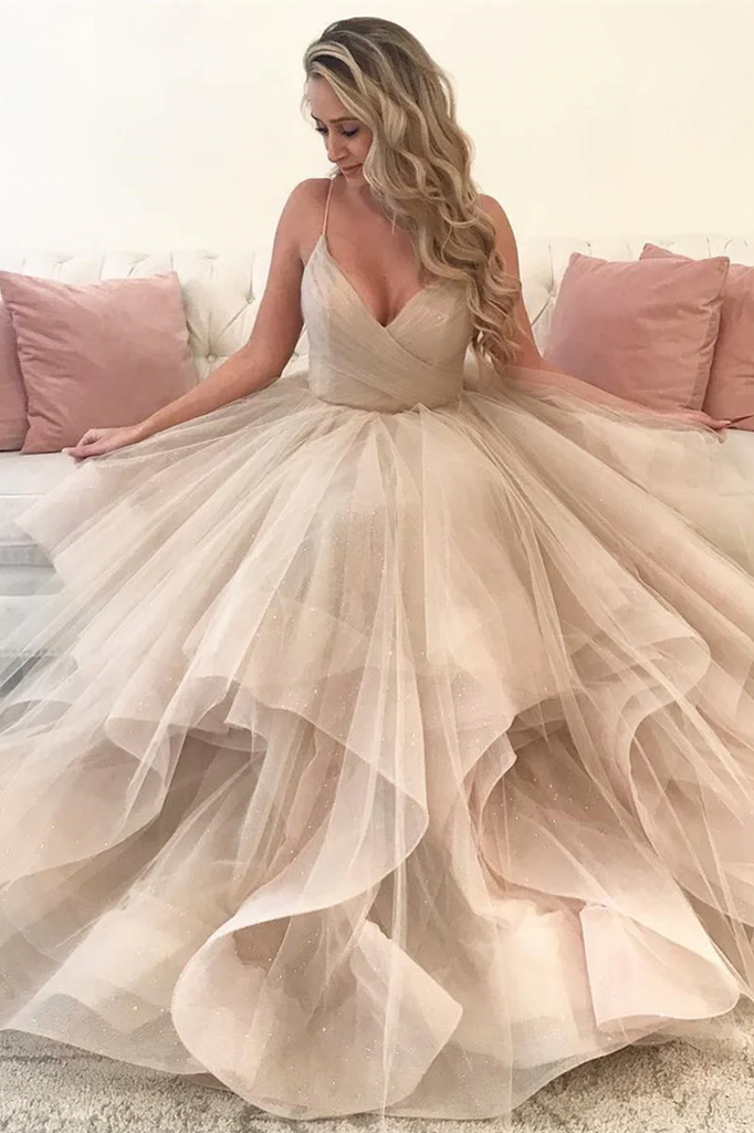 Princess V Neck Backless Long Fluffy Tulle Prom Dresses Backless Formal Evening Gowns main image 1