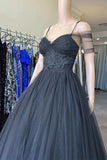 Princess V Neck Black Tulle Cold-Shoulder Long Prom Gown Formal Dresses