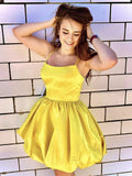 Princess Yellow Satin Short Prom Dresses,Puffy Homecoming Dress