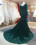 Long Sleeves V-neck Lace Prom Mermaid Dresses,Women Evening Dress