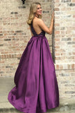 Purple Satin A-line High Neck Prom Dresses With Rhinestones, Party Dress
