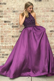 Purple Satin A-line High Neck Prom Dresses With Rhinestones, Party Dress