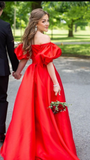 Bubble Sleeve Red A-line Satin Prom Dress,Evening Gowns Formal