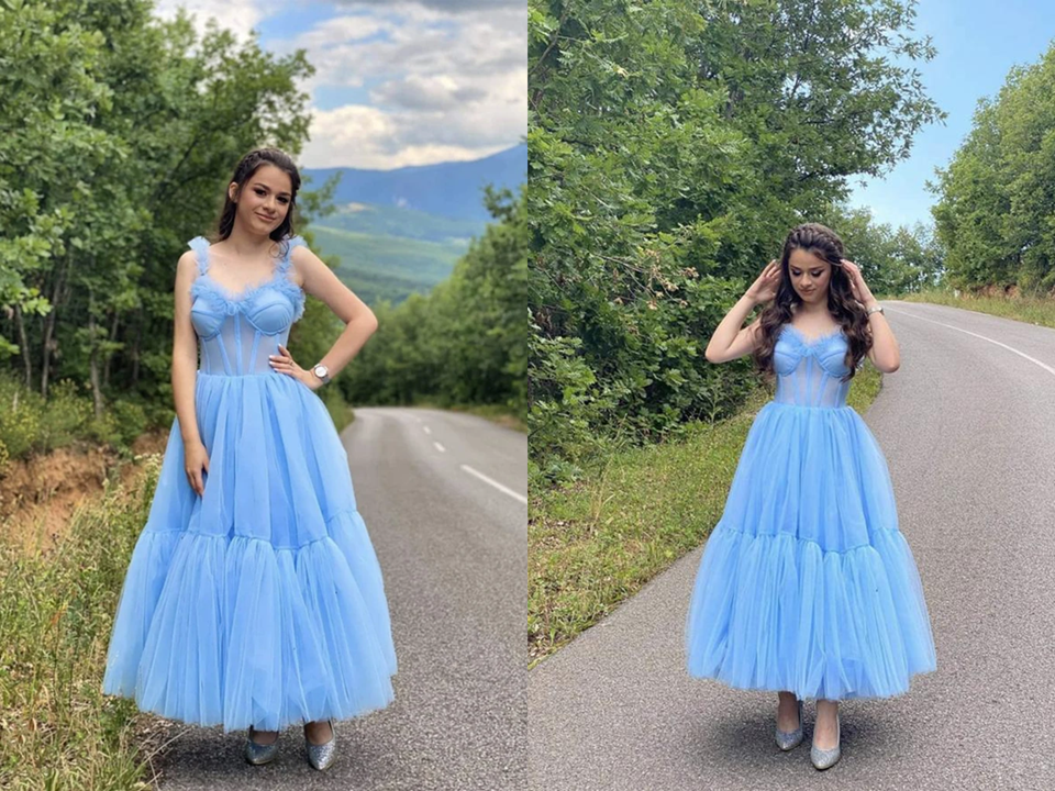 Sky Blue Straps Tulle A Line Prom Dress Sweetheart Homecoming Dresses,Formal Dresses