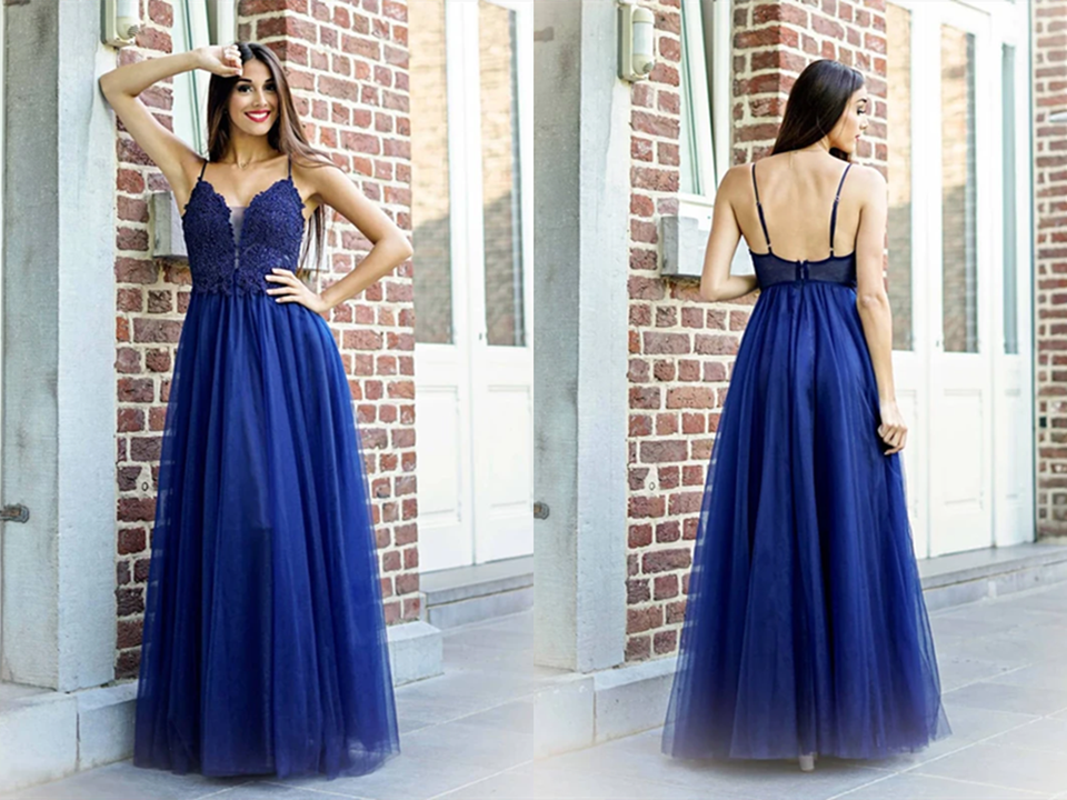 Exquisite Spaghetti Straps A line Prom Dresses Tulle Appliqued Gowns,Formal Dresses