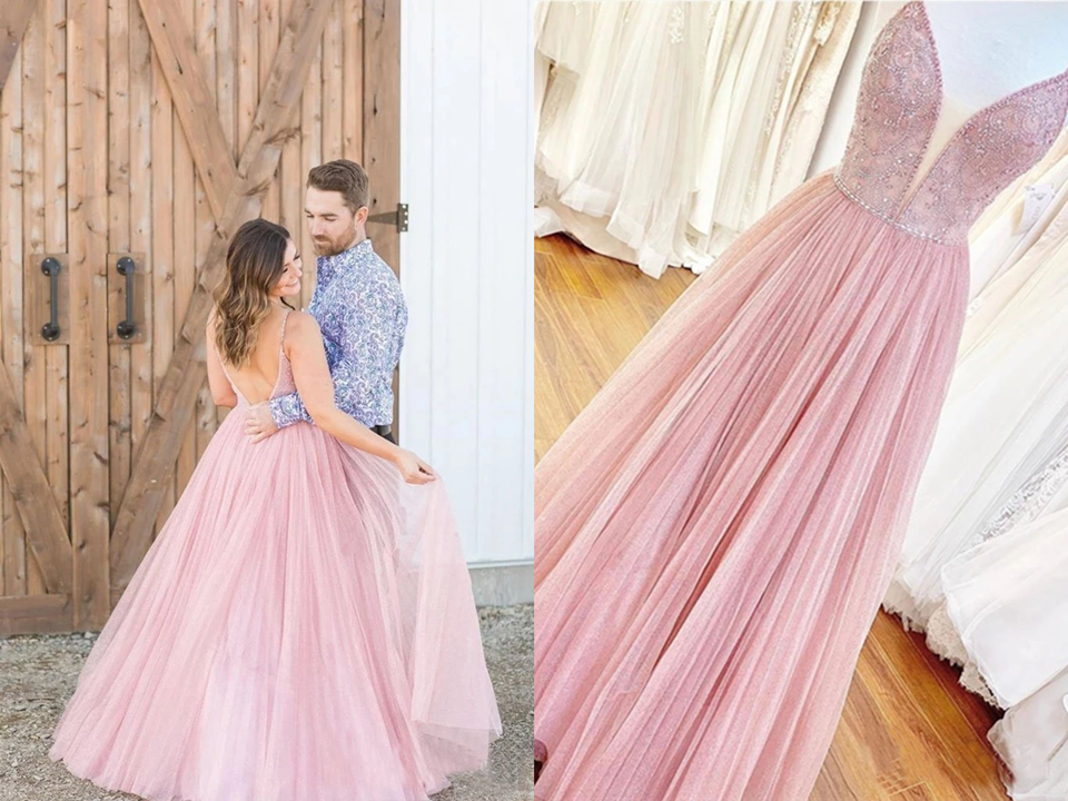 Long Prom Dress With Beaded Bodice And Plunging Illusion V Neck Formal Dresses