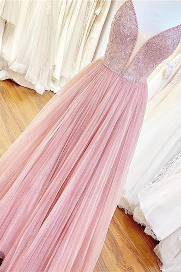 Long Prom Dress With Beaded Bodice And Plunging Illusion V Neck Formal Dresses