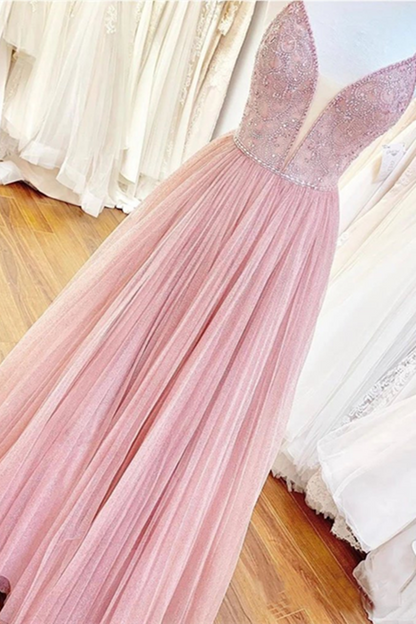Long Prom Dress With Beaded Bodice And Plunging Illusion V Neck Formal Dresses
