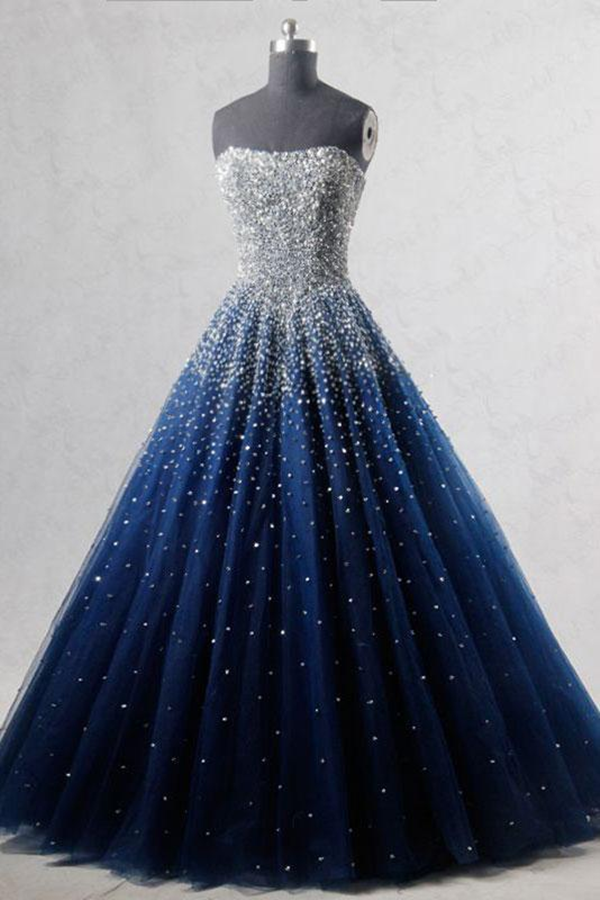 Navy Blue Strapless Floor Length Prom Ball Gown with Beading Sequins,   jkprom