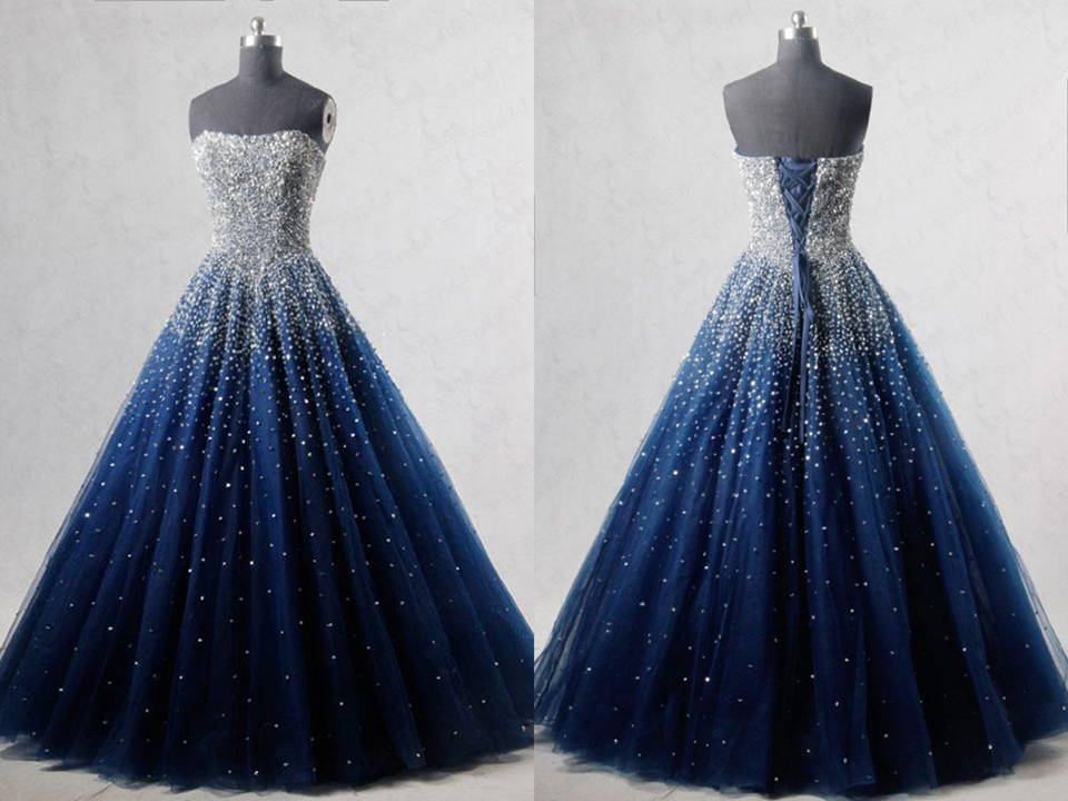 Navy Blue Strapless Floor Length Prom Ball Gown with Beading Sequins, –  jkprom