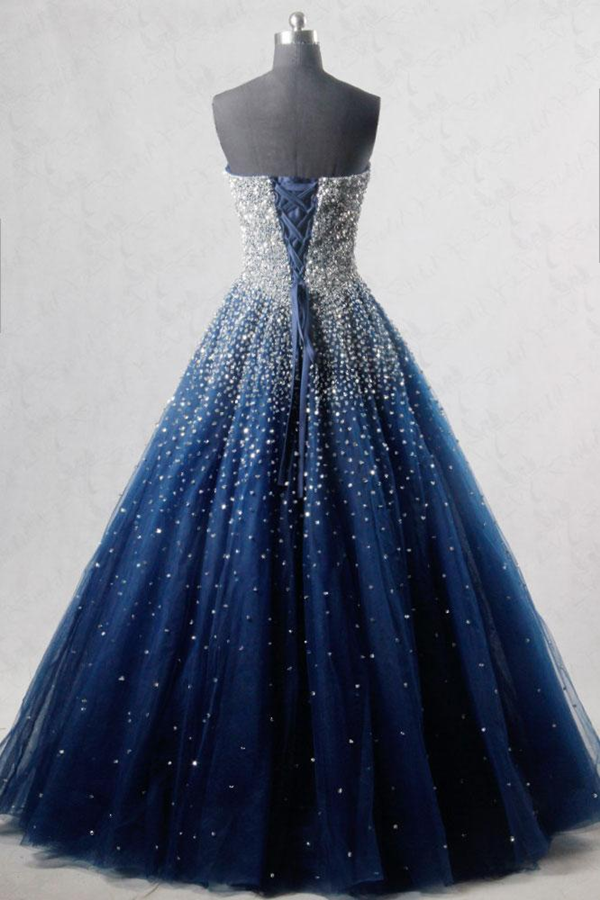 Navy Blue Strapless Floor Length Prom Ball Gown with Beading Sequins, –  jkprom