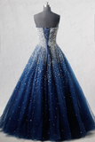 Navy Blue Strapless Floor Length Prom Ball Gown with Beading Sequins, Prom Dresses,Formal Dresses