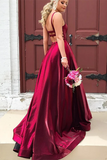 Burgundy A line Long Satin Spaghetti Straps Prom Dresses With Pockets,Sexy Formal Dresses