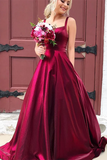 Burgundy A line Long Satin Spaghetti Straps Prom Dresses With Pockets,Sexy Formal Dresses