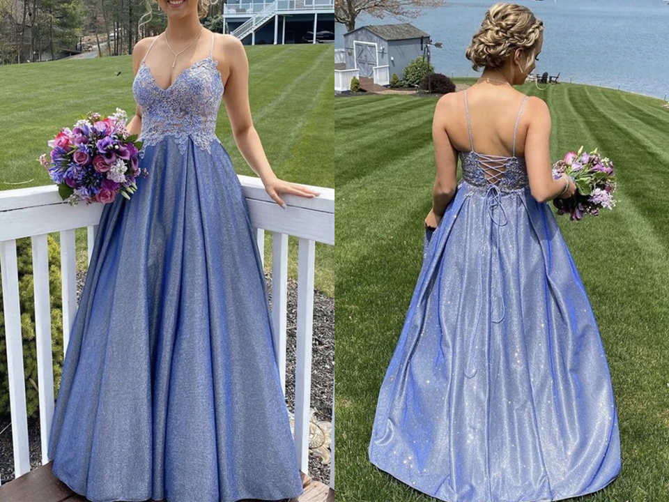 A Line Spaghetti Straps Blue Lace Top Prom Dresses, Long Formal Evening Dresses