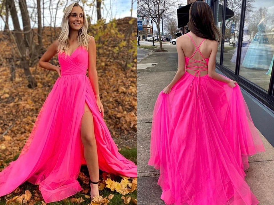 A Line V Neck Hot Pink Prom Dresses With Slit, Long Formal Evening Dresses