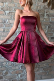 Strapless Burgundy Satin Short Homecoming Dresses,Party Dresses