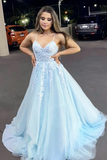 A Line V Neck Light Blue Lace Appliques Long Prom Dress, Spaghetti Straps Formal Evening Dress,Formal Dresses