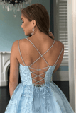 A Line Light Blue Tulle Homecoming Dress With Lace Appliques, Short Prom Dress