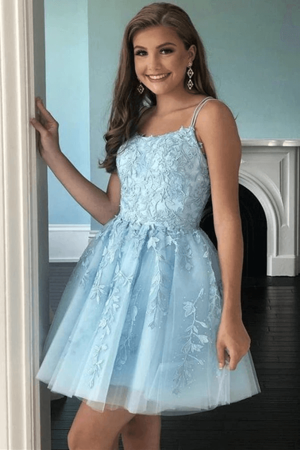 A Line Light Blue Tulle Homecoming Dress With Lace Appliques, Short Prom Dress
