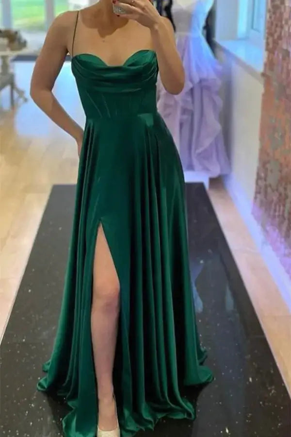 Green Prom Dresses Long,Split Satin Party Dresses for women,Graduation Dress