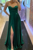 Green Prom Dresses Long,Split Satin Party Dresses for women,Graduation Dress