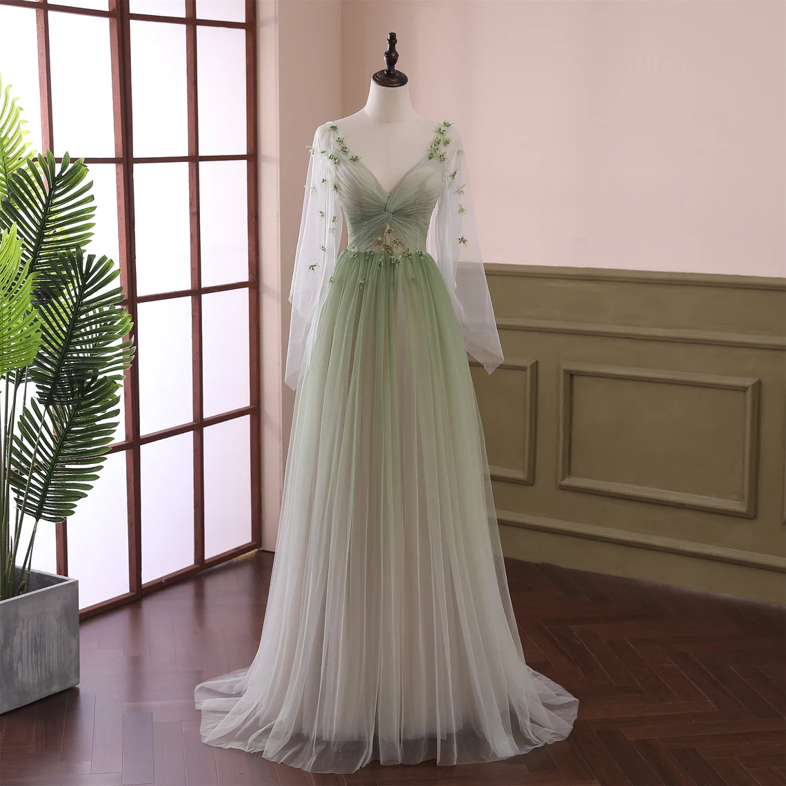Beautiful Gradient Tulle Green Long Sleeves Party Prom Dress – jkprom