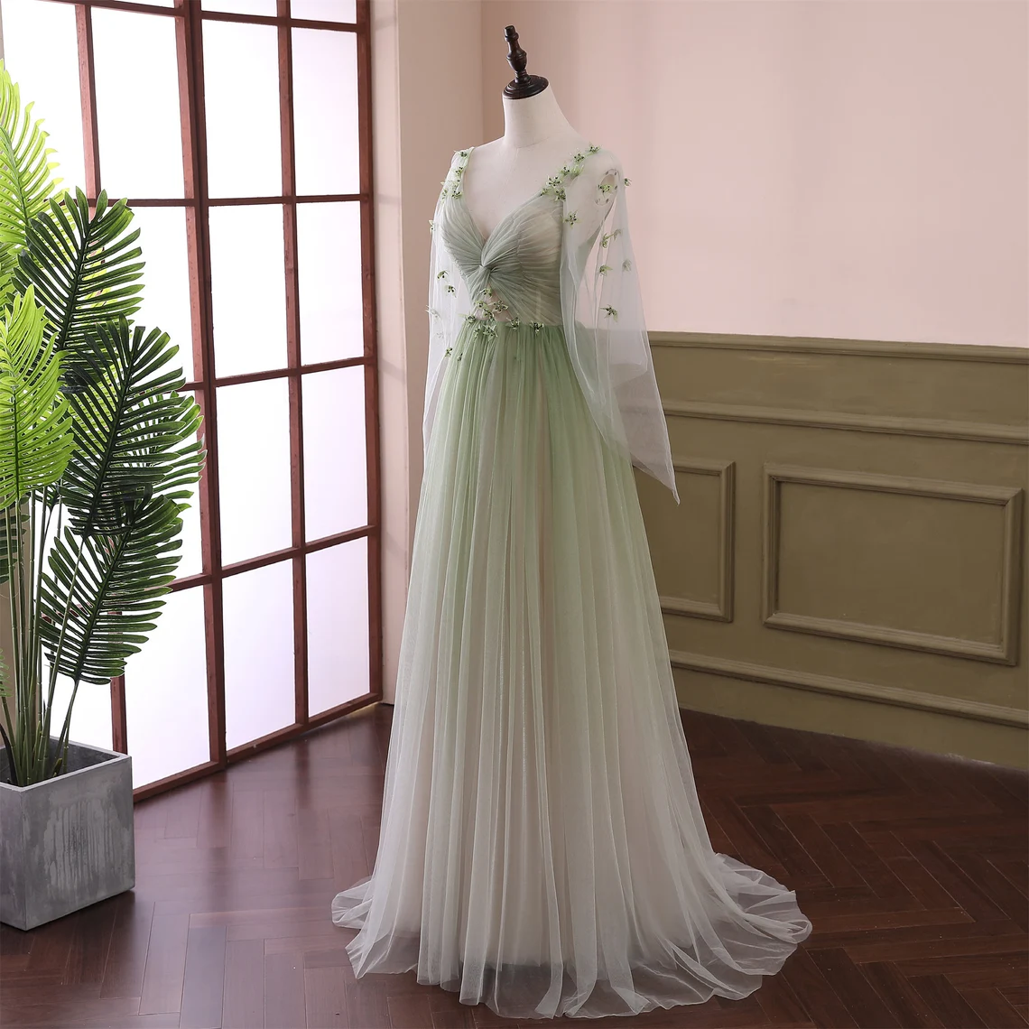 Beautiful Gradient Tulle Green Long Sleeves Party Prom Dress jkprom Beautiful Gradient Tulle Green Long Sleeves Party Prom Dress jkprom