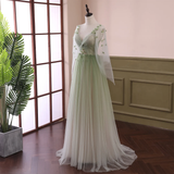 Beautiful Gradient Tulle Green Beaded Long Sleeves Party Dress,Green Formal Dresses