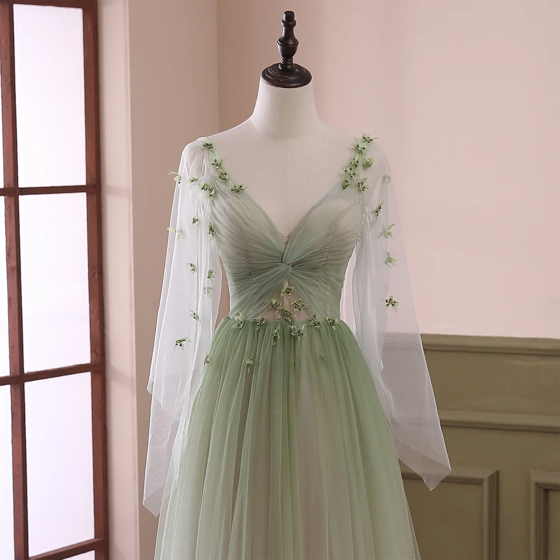Beautiful Gradient Tulle Green Beaded Long Sleeves Party Dress,Green Formal Dresses