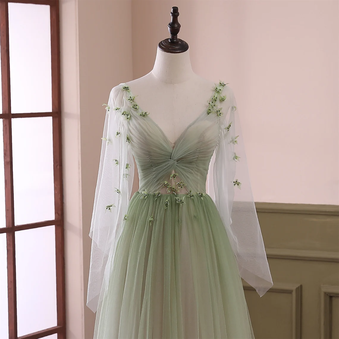 Beautiful Gradient Tulle Green Long Sleeves Party Prom Dress – jkprom