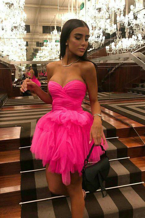 Sexy Sweetheart A Line Tulle Hot Pink Homecoming Dress With Ruffles,Short Graduation Dress