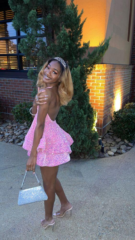 Sexy Sparkly Pink Short Homecoming Dress Black Sequins Party Dresses jkprom Sexy Sparkly Pink Short Homecoming Dress Black Sequins Party Dresses jkprom