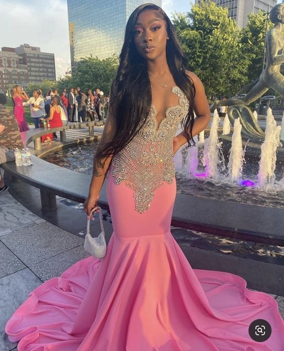 Pink Mermaid Long Prom Dress With Crystal for Black Girls – jkprom