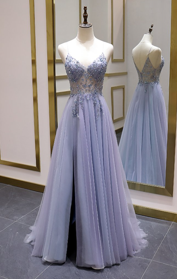 Luxury Beaded A Line Spaghetti Straps Long Prom Dresses,Split Tulle Evening Party Dress