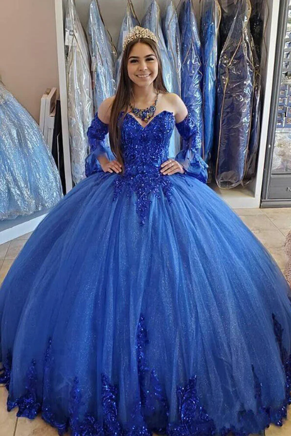 Royal Blue Ball Gown Long Sleeves Quinceanera Dresses – jkprom
