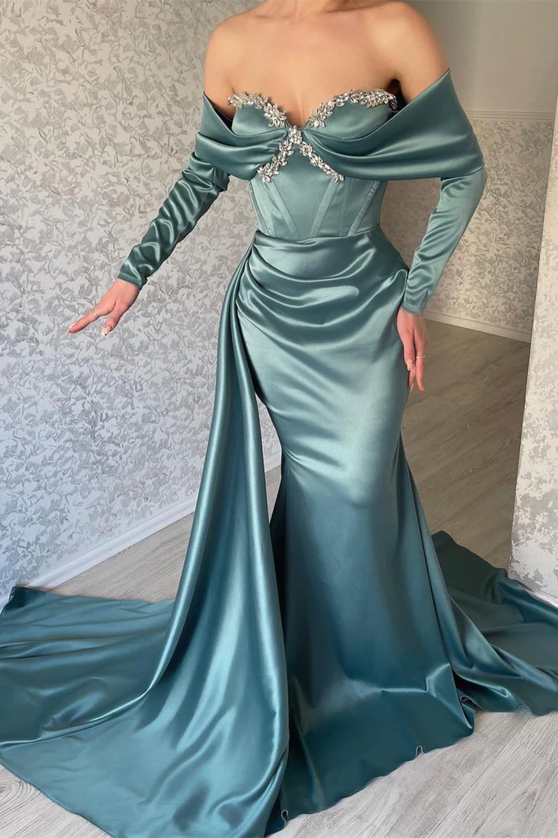 Mermaid Long Sleeve Evening Dresses,Sexy Holiday Party Gown with Crystal
