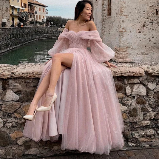Pink Shiny Tulle Prom Dresses Off The Shoulder Long Puff Sleeve Evening Party Gowns with Slit
