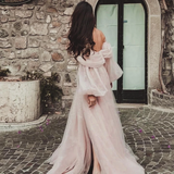 Pink Shiny Tulle Prom Dresses Off The Shoulder Long Puff Sleeve Evening Party Gowns with Slit