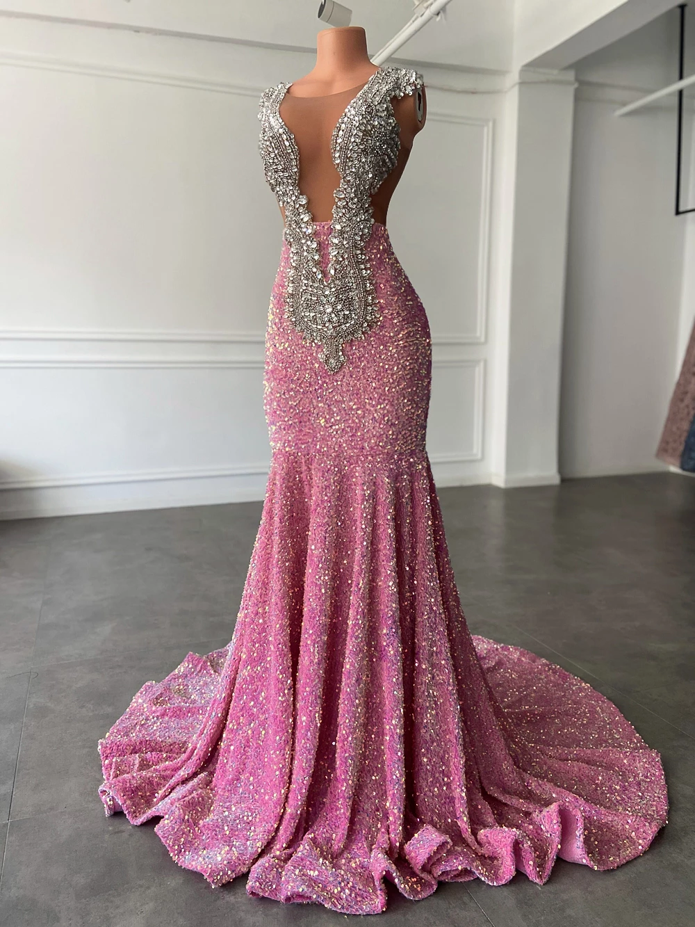 fitted lace wedding dress Sparkly Long Prom Dresses Mermaid Crystal Pink Sequin Formal Dress – jkprom