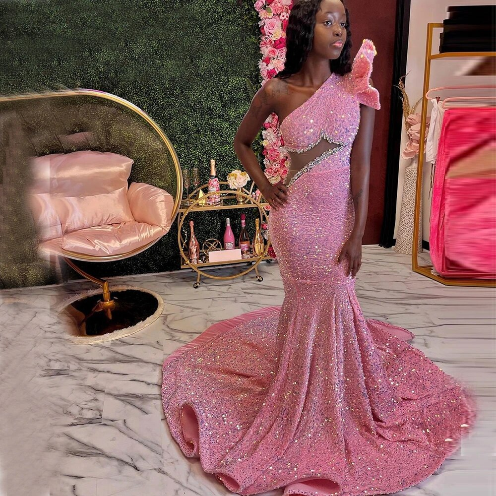 Pink Beaded Sequins Evening Dress,One Shoulder Celebrity Prom Party Red Carpet Gown Black Girl Formal