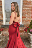 Red Satin Mermaid V-neck Long Prom Dresses with Bow,Evening dresses elegant