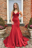 Red Satin Mermaid V-neck Long Prom Dresses with Bow,Evening dresses elegant