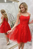 Red Lace Applique Spaghetti Straps Homecoming Dresses, Red Tulle Short Prom Dress,Cocktail Dress