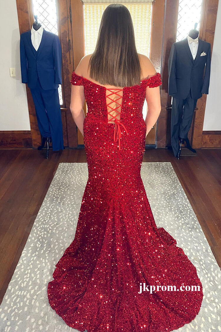 Red Glitter Evening Dress Long