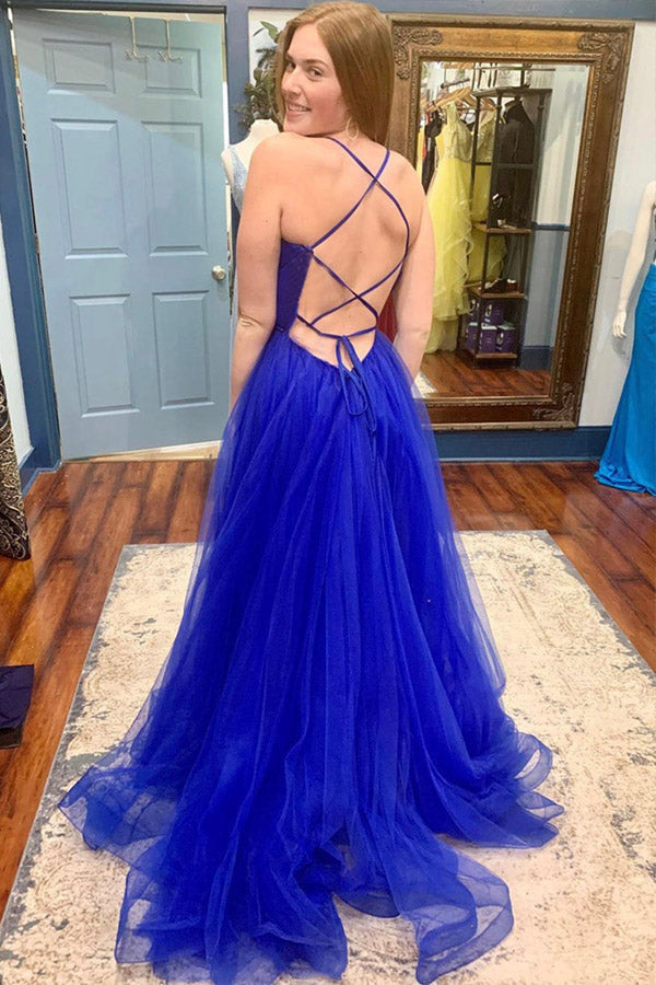 Royal Blue Tulle A-Line Long Prom Dress With Slit,Maxi Dress Formal Pa –  jkprom