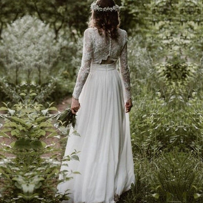 Rustic Lace Top Bridal Long Sleeve Two Piece Wedding Dress – jkprom