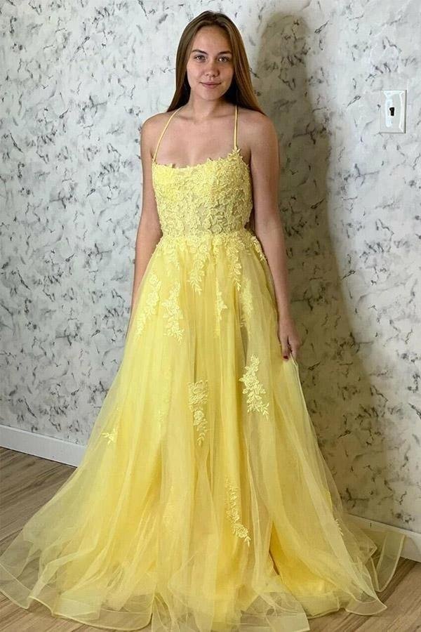 Elegant Yellow Tulle With Lace Appliques Floor Length Long Prom Dress,Party Dress,Evening Dress