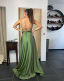Spaghetti Straps Side Slit Long Prom Dresses,Simple Party Dress,Evening Dress With Pockets