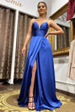 Blue Spaghetti Straps Prom Dresses,Simple Party Dresses,Split Evening Dress With Train